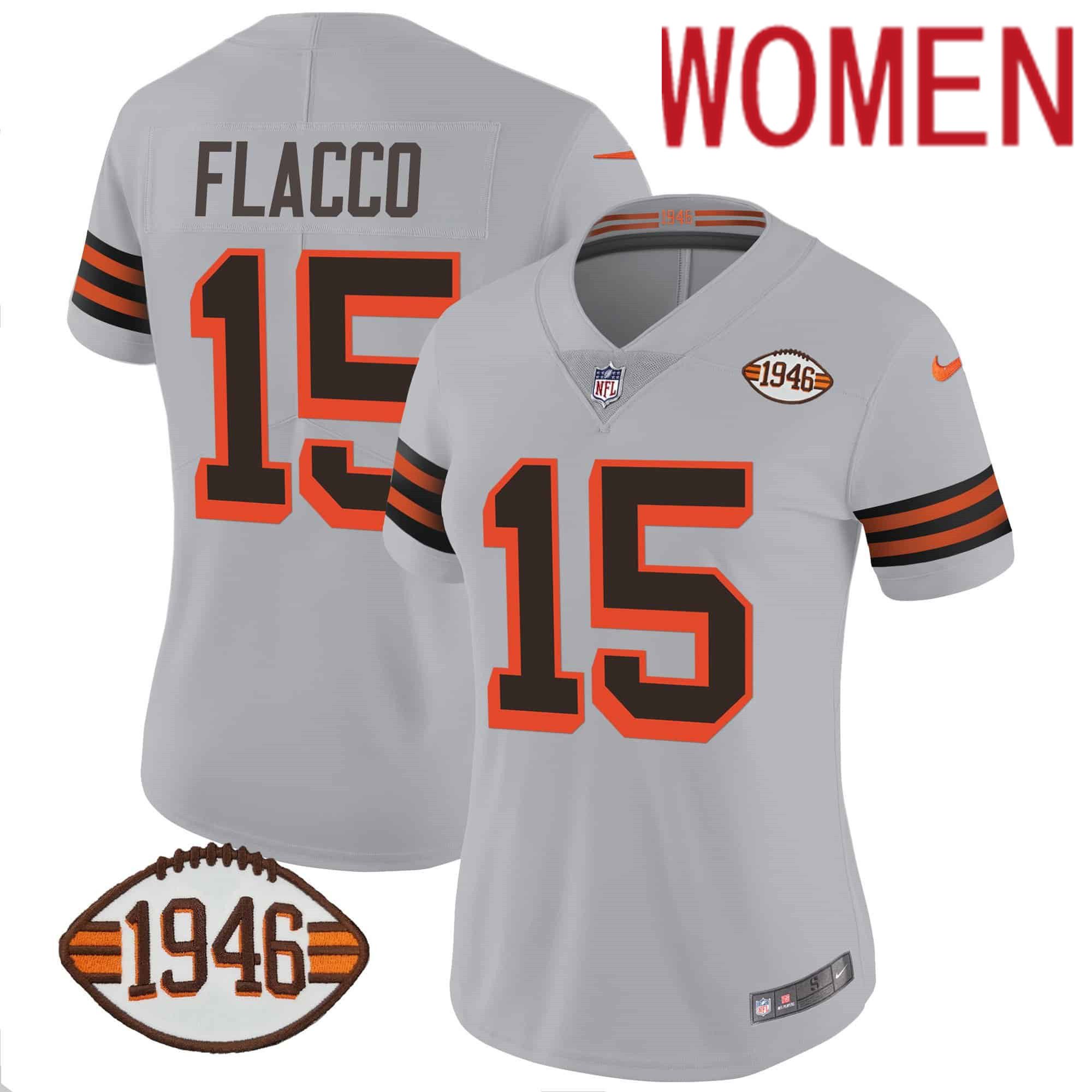 Women Cleveland Browns #15 Flacco Grey 1946 75th Anniversary Patch 2024 Nike NFL Jersey